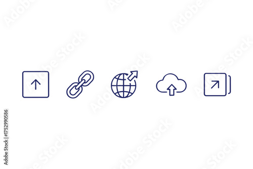 Upload, share, link, and web icons. Cloud computing and internet data transfer symbols. Thin line art vector icon set for UI, UX, app, and website design elements.