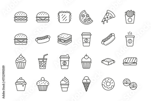 Fast food linear icons set. Burger, pizza, hot dog, sandwich, fries, coffee, donut, ice cream. Unhealthy junk food, street food cafe menu symbols. Takeaway meal signs.