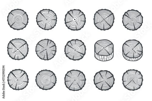 Tree rings vector icon set. Wood slice and log cross section line art. Stump top view collection. Growth rings and trunk cut symbol. Forestry, lumber and carpentry concept design.