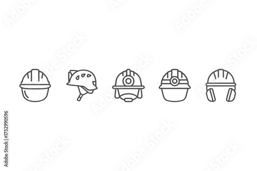 Safety helmet line icon set. Hard hat for construction worker, builder, engineer. Climbing helmet. Miner and firefighter headgear with lamp. Hearing protection. Vector.