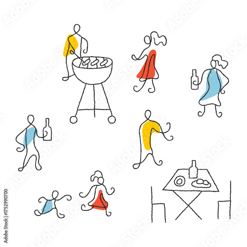 People having fun on barbecue party minimalist vector illustration