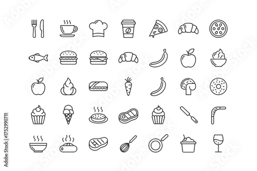 Food and drink thin line icons. Big collection of culinary symbols for cooking, kitchen, restaurant menu design. Includes fast food, pizza, burger, desserts, fruits, steak, coffee.
