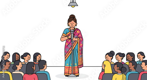Illustration of a woman in a sari standing and speaking to a group of seated people in colorful