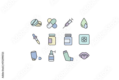 Medical and pharmaceutical colored icon set with pills, capsules, syringe, dropper, medicine bottles, inhaler, nasal spray, and tongue. Vector for health care, pharmacy, treatment.