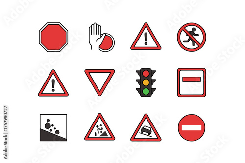 Traffic signs vector icon set. Road safety regulation symbols collection. Includes stop, yield, warning, no entry, rockfall, and steep hill signs. Traffic light illustration.