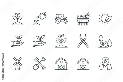Farming and agriculture line icon set. Farm and harvesting thin line vector icons. Grow plant, tractor, barn, windmill. Organic food and gardening tools symbol collection.