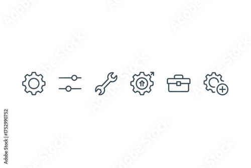 Setup and configuration vector line icons. Settings, preferences, tools, maintenance, repair, upgrade. Gear, cog, wrench, toolbox for UI, UX and admin panel design.