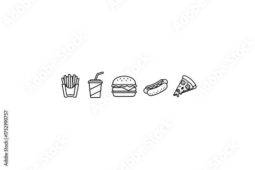 Fast food icon set. Junk food linear icons collection. Burger, french fries, hot dog, pizza slice and soda drink symbols. Minimalist outline vector illustration for menu.