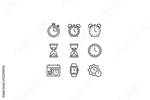 Time and date outline icon set. Clock, watch, timer, hourglass, calendar symbols. Vector collection for concepts like deadline, schedule, time management, and productivity.
