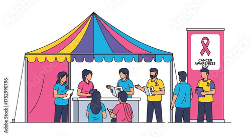 Illustration of people standing and sitting under a colorful tent with a pink sign featuring a