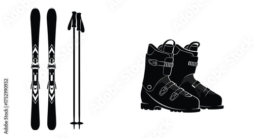 Simple black and white illustration of ski equipment skis poles and boots