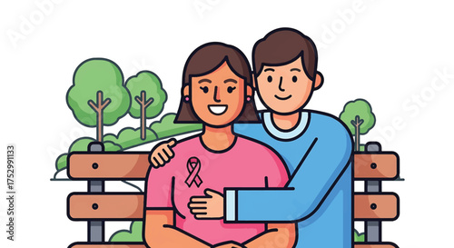 Illustration of a man and woman sitting on a bench with the woman holding a pink ribbon