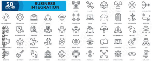 Business Integration icon set. Containing merger, synergy, alliance, network, workflow, ERP, CRM icon. Outline style