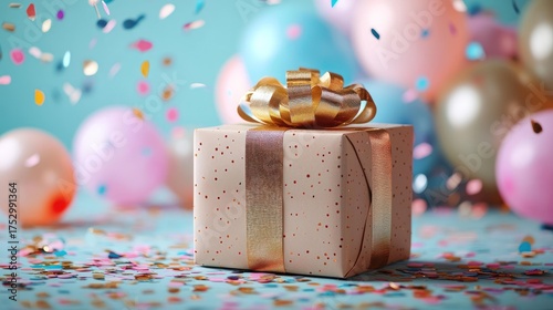 Festive Gift Box with Confetti and Balloons on a Blue Background.