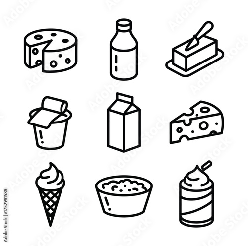 Dairy products and frozen treats icons cheese milk