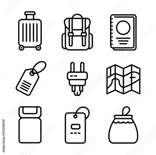 Travel luggage backpack passport map tag plug toiletries bag vector