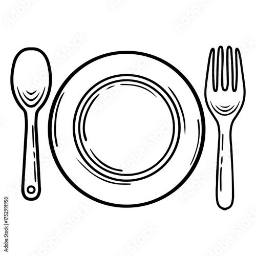 Hand drawn plate, fork, and spoon setting vector. Simple outline dinnerware and cutlery clipart
