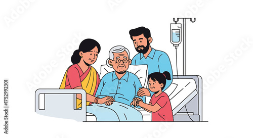 Illustration of a family with a senior man in a hospital bed with an IV pole
