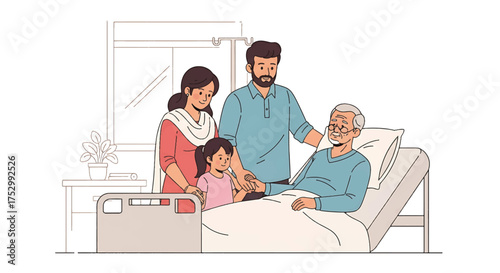 Illustration of a family visiting an elderly man in a hospital bed with a suitcase nearby