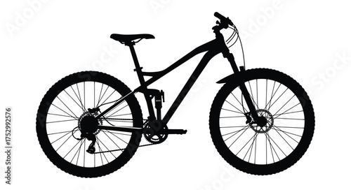 A black silhouette of a modern mountain bike with detailed components