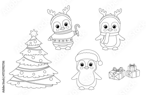 Christmas tree, gifts and cute baby penguin. Vector black and white illustrations set isolated on white background for coloring book
