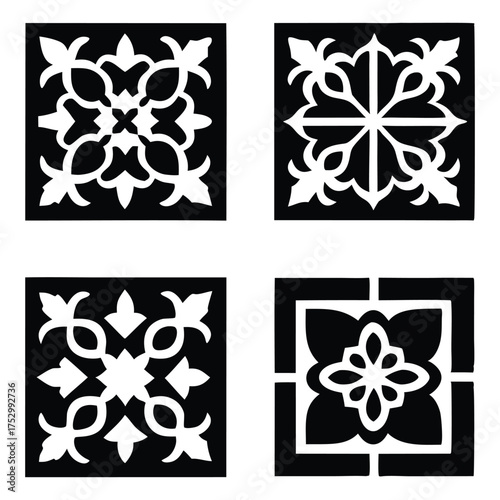Elegant Black and White Geometric Floral Tile Pattern Vector Set