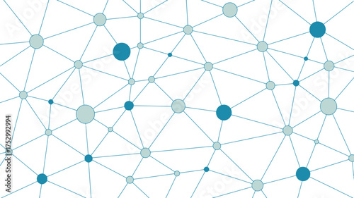 Abstract network of circles and lines in shades of blue on a white background connecting everything