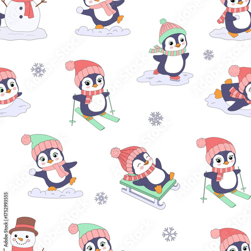 Seamless pattern with baby penguin character, color vector illustrations. Activity in winter. Cartoon animals, skating, skiing, sledding.