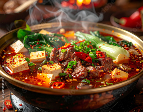 Delicious and spicy hot pot with beef, tofu, and vegetables