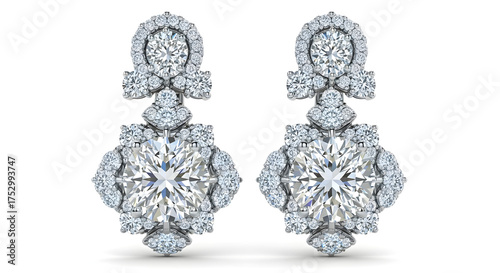 Luxury diamond earrings on white background, shiny, high detail 