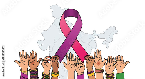 Illustration of diverse hands raised with colorful bracelets and a pink purple ribbon over a map
