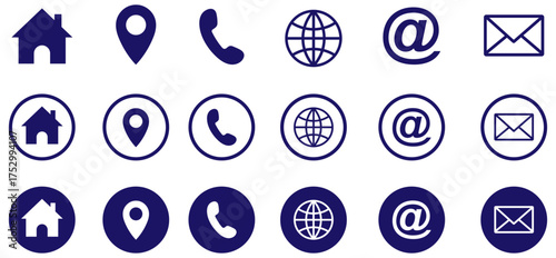 Business card, visiting card icon. Home, location, call, website, mail and message icon vector set. Contact icons set for website and business card. Modern contact us icons for digital use. vector