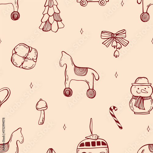 Whimsical Christmas seamless pattern in red color with vintage toys. Line art hand drawn coquette illustrations.