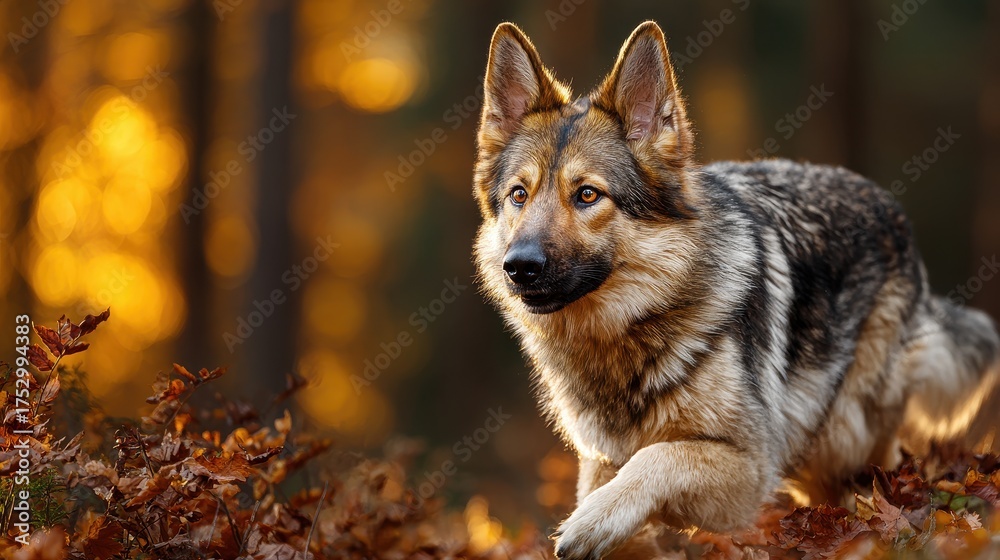 Fototapeta premium German Shepherd Dog Running in Autumn Forest with Golden Light