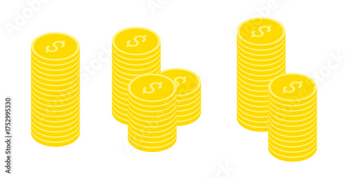 Isometric American gold coins stacked in a pile. Isolated cartoon vector on white background top view