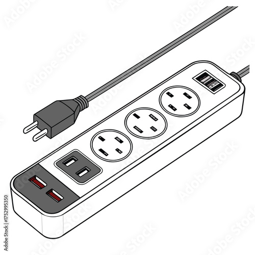 Electrical Power Strip: A modern power strip, meticulously designed with multiple outlets and USB ports, exemplifies contemporary technology and efficient energy distribution.