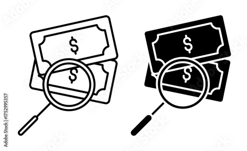 Linear icon. Forensic expert uses a magnifying glass to examine banknotes for signs of counterfeiting. Simple black and white vector isolated on white background