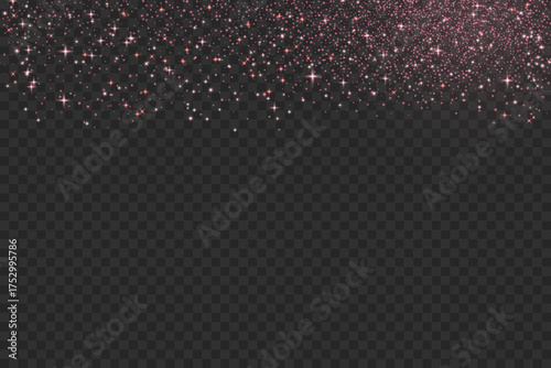 Rose gold glitter background. Shimmer pink golden spray effect for birthday celebration banners. Shiny confetti, stardust light texture. Festive particles on dark background. Vector illustration.