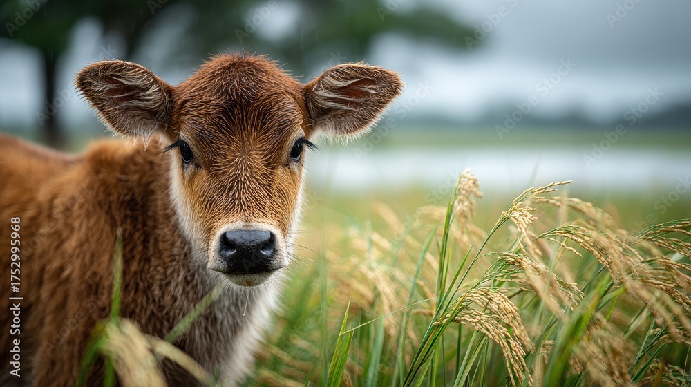 Fototapeta premium Cute Calf Portrait in a Green Rice Field Landscape