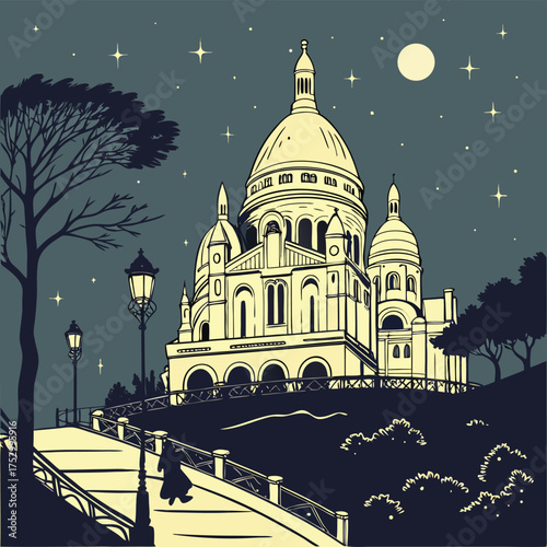 Parisian Night: A captivating illustration unveils a grand cathedral bathed in the soft glow of twilight, under a sky dusted with stars, creating an ambiance of serene mystery.