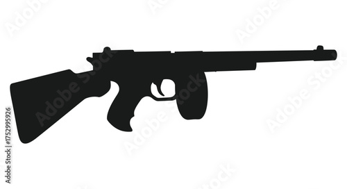 A simple black silhouette depicting a vintage tommy gun firearm