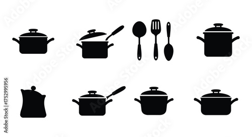 Black silhouette icons representing various cooking pots and kitchen utensils