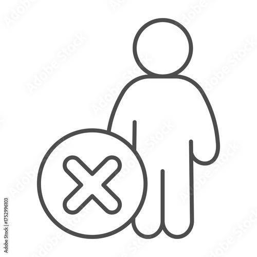 Human ban thin line icon, man concept. Vector graphics. Male with close button, forbidden item sign on white background, outline style icon for mobile or web design.