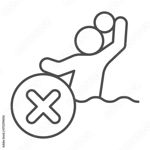 Man with ball in water ban thin line icon, water sport concept. Vector graphics. Player with close button, forbidden item sign on white background, outline style icon for mobile or web design.