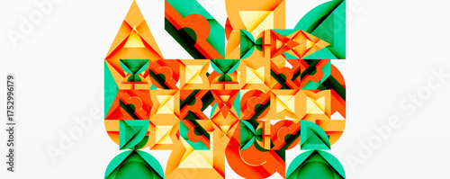 Abstract geometric composition. Orange, green, yellow shapes interlock creating complex pattern. Modern digital artwork.