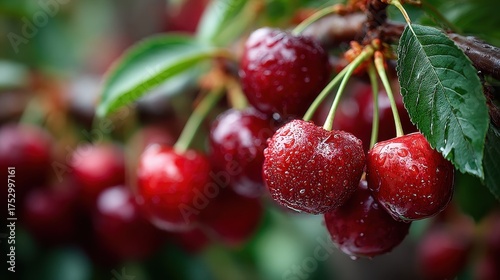 Ripe Fresh Cherries on Branch with Water Droplets Detail