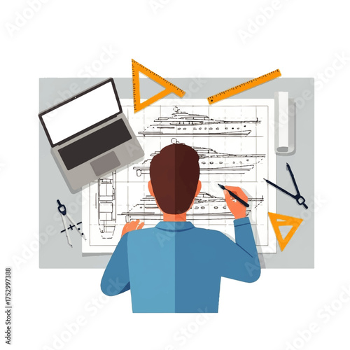 Person designing a yacht with laptop and drafting tools on a blueprint.