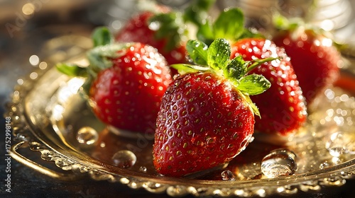 Fresh Strawberries Arranged on Elegant Gold Tray with Water Drops
