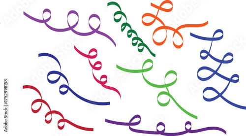  Colorful twisted ribbons with scattered confetti, playful curved shapes floating in white space, joyful festive abstract style