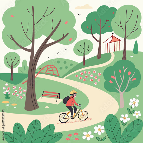 Pedaling through Paradise: A vibrant illustration of a person enjoying a bicycle ride through a colorful park. The scene captures the essence of leisurely outdoor recreation.